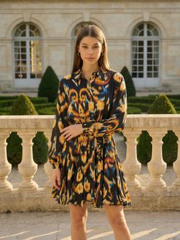 ZUMMER - Black Ikat Printed Fit and Flare Short Dress With Belt