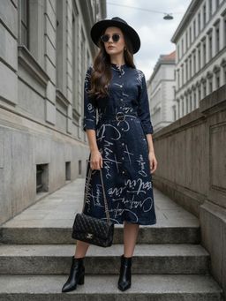 ZUMMER - Navy Blue Rayon Printed Fit And Flare Midi Dress With Belt