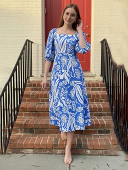 ZUMMER - Blue Cotton Tropical Print Blue Midi Dress
