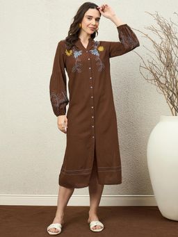 ZUMMER - Brown Embroidered Midi Dress