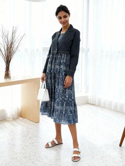 ZUMMER - Blue Printed Fit and Flare Midi Dress with Embroidered Jacket