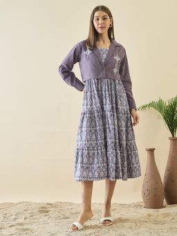 ZUMMER - Lavender Printed Fit and Flare Midi Dress with Embroidered Jacket
