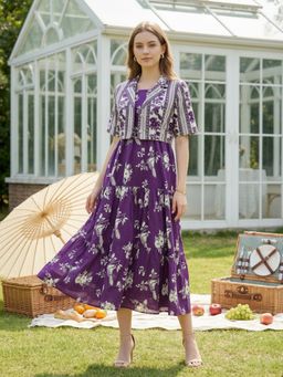 ZUMMER - Purple Printed Fit and Flare Midi Dress with Jacket