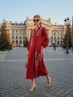 ZUMMER - Red Embroidered Bishop Sleeves Midi Dress