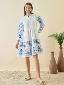 ZUMMER - White Embroidered Fit and Flare Shirt Dress