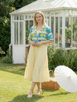 ZUMMER - Yellow Printed Fit And Flare Midi Dress with Jacket