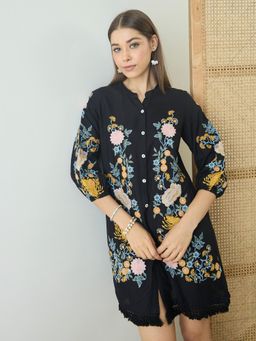 ZUMMER - Black Rayon Floral Embroidered Short Dress