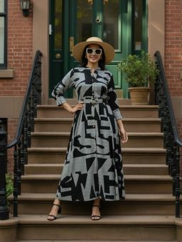 ZUMMER - Black Rayon Printed Fit and Flare Maxi Dress with Belt