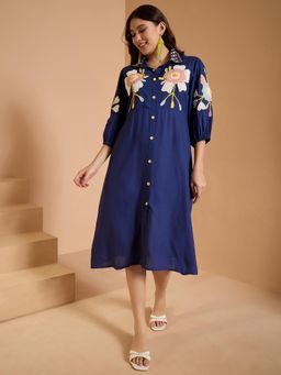 ZUMMER - Blue Three Fourth Sleeves Collar Neck Embroidered Midi dress