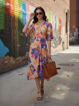 ZUMMER - Peach Floral Printed Wrap Midi Dress