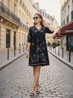 ZUMMER - Black Floral Embroidered Three Fourth Sleeves Short Dress