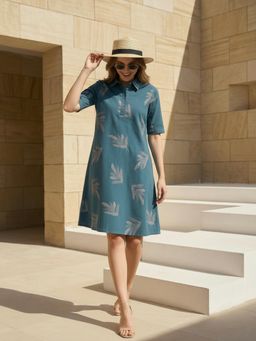ZUMMER - Blue Printed A-Line Knee Length Dress