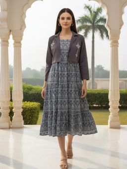 ZUMMER - Blue Printed Fit and Flare Midi Dress with Embroidered Jacket