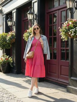 ZUMMER - Pink Schiffli Smocked Tiered Midi Dress