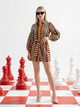 ZUMMER - Multi Color Checkered Balloon Sleeves Shirt Dress With Belt