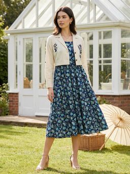 ZUMMER - Navy Blue Printed Fit And Flare Midi Dress with Embroidered Jacket