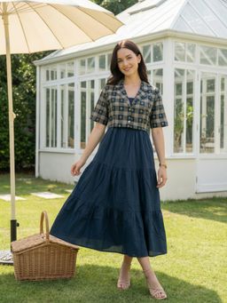 ZUMMER - Teal Fit And Flare Midi Dress With Ikat Printed Jacket