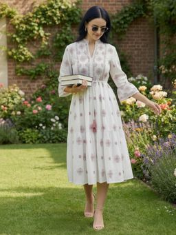 ZUMMER - White Cotton Floral Printed Bell Sleeve Dress