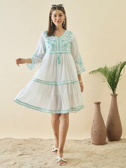 ZUMMER - White Embroidered V-Neck Knee Length Dress
