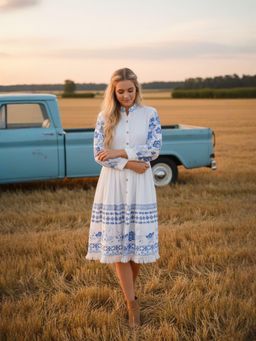 ZUMMER - White Embroidered Fit and Flare Shirt Midi Dress