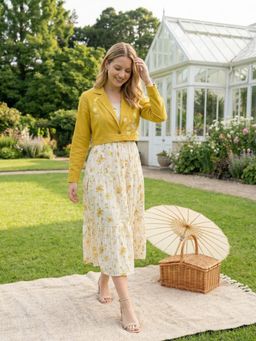 ZUMMER - Yellow Printed Fit And Flare Midi Dress with Embroidered Jacket