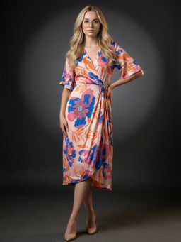 ZUMMER - Multi-Color Floral Printed Wrap Midi Dress