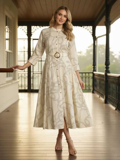 Off White Rayon Printed Fit and Flare Midi Dress with Belt
