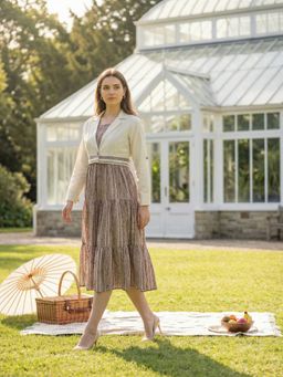 ZUMMER - Brown Printed Fit And Flare Midi Dress with Embroidered Jacket