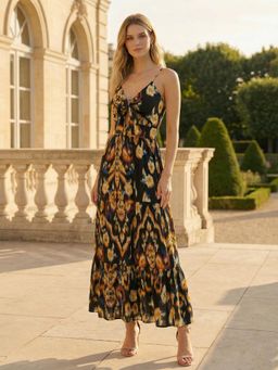 ZUMMER - Black Ikat Printed Front Tie Strappy Maxi Dress