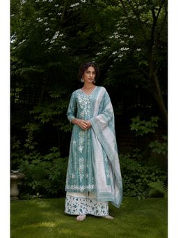 Geroo Luxe - Sea Green Embroidered Kurta with Palazzo and Dupatta