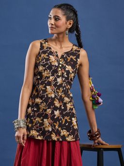 Sufiza Lifestyle - Black Floral Printed V-Neck Pure Cotton Kurti