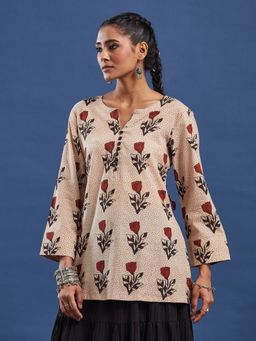 Sufiza Lifestyle - Cream Floral Printed V-Neck Pure Cotton Kurti