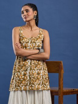 Sufiza Lifestyle - Yellow Floral Printed Pure Cotton Kurti