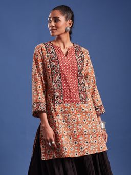 Sufiza Lifestyle - Orange Women Bargu Black Printed Pure Cotton Straight Kurti