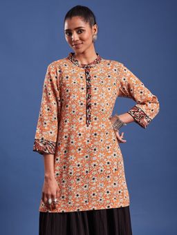 Sufiza Lifestyle - Orange Women Bargu Printed Pure Cotton A-Line Kurti