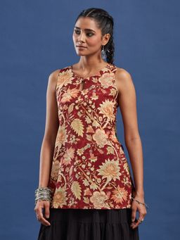 Sufiza Lifestyle - Rust Floral Printed Pure Cotton Kurti