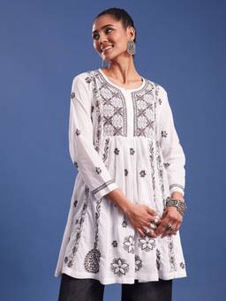 Sufiza Lifestyle - White Women Chikankari Embroidered Pure Cotton A-Line Kurti