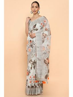 Soch - Women Grey Linen Floral Saree with Unstitched Blouse