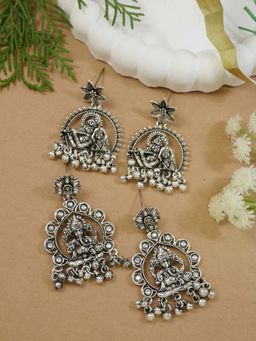 I Jewels - Navratri Ethnic Design Silver Oxidised Afghani Style Earrings (Set of 2)