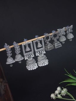 I Jewels - Silver Oxidised 4 Different Design Afghani Jhumka Earrings (Pack of 4)