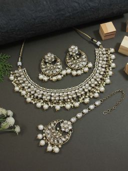 I Jewels - Traditional Floral Kundan Pearl Choker Necklace Jewellery Set For Women