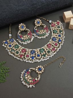 I Jewels - Traditional Floral Kundan And Pearl Choker Necklace Jewellery Set