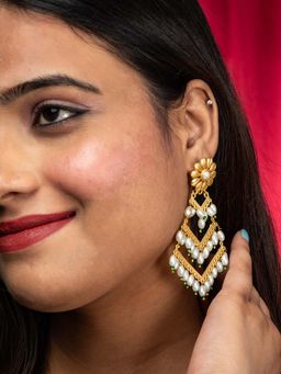 Niscka - 22K Gold Plated Floral Triple Layered Drop Earrings With Faux Pearls