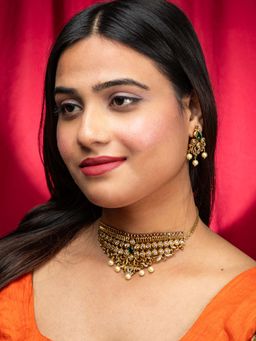 Niscka - 24K Gold Plated Choker With Green Pink White Cz Studded Jewellery Set