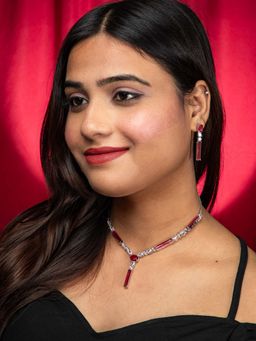 Niscka - Silver Rhodium Plated Necklace Set With Hydro Red Stones And White Cz Earrings