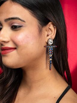 Niscka - Royal Blue And Pink Kundan Studded Cross Designer Drop Earring
