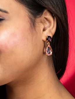 Niscka - 24K Gold Plated Water Droplet Earrings With Pink Translucent And Purple Stones