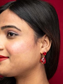 Niscka - 24K Gold Plated Water Droplet Earrings With Red Water Drop And Round Stone