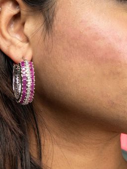 Niscka - Silver Rhodium Round Hoop Earrings With Pink And White American Diamond Stones