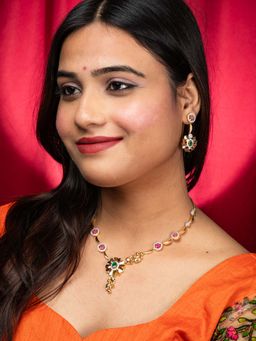 Niscka - 24K Gold Plated Ruby Emerald And White Cz Stone Floral Necklace With Earrings